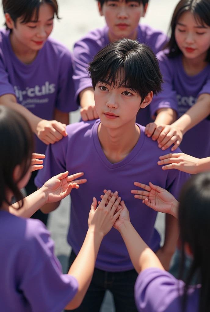  yoogi very similar to him from BTS dried by fans holding hands with purple shirts being them boys and girls,realistic image styles