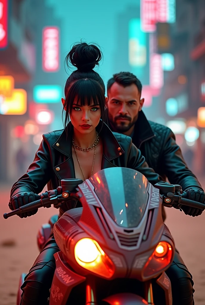 Youngh,grown-up,comely,short straight black hair, Cao Cao,offwhite,German, greeneyes,beard made, athletic body,short hair kissing face of a beautiful young adult woman,white German, greeneyes,very straight black hair,amarrado pra cima em coque Cao Cao,red lipgloss stick,illuminated nose,wearing a black jacket with half blood written on it on a cyberpunk motorcycle with half blood written on it in detail, futuristic motorcycle, walking on the road, 2 person on a motorcycle, details Intricate, high resolution, photorrealistic, hyper detailled, dynamic motion blur, sandy urban environment, neon lights, brilliant cybernetic elements, mecha inspired design, complex machinery, urban landscape , beautiful young white adult, greeneyes, red lipgloss stick, well made up, long and very straight hair,faça o cabelo dela em coque muito Cao Cao pretos, wearing gold accessories, thin gold necklace.