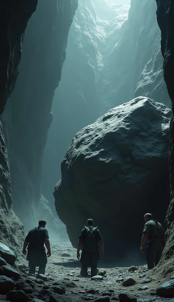The 3 men hide behind a rock in the ULTRA HYPER large cave