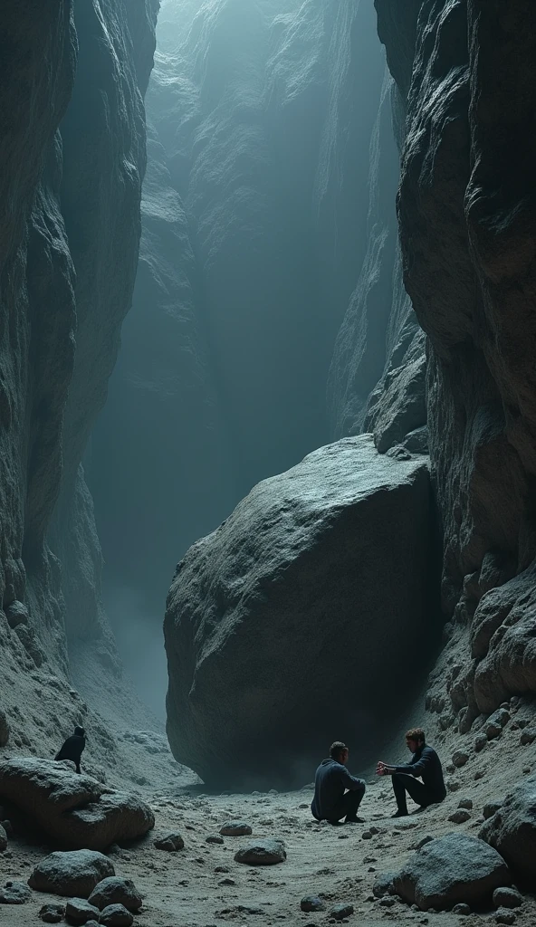 The 3 men hide behind a rock in the ULTRA HYPER large cave