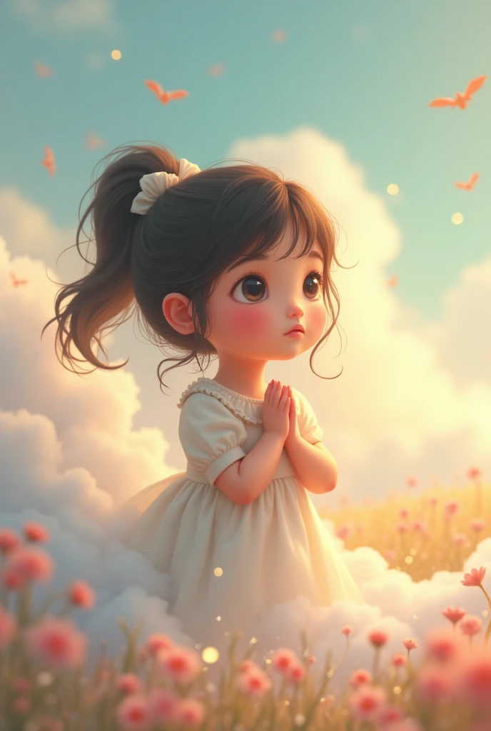 A cute small girl is thinking about his future and he is in a dream