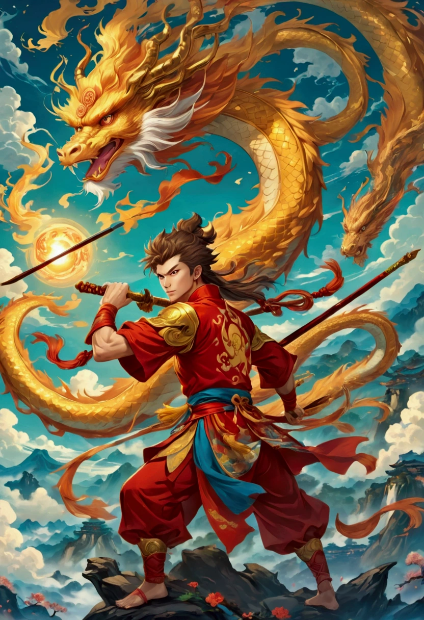a cartoon image of a man with a sword and a dragon, sun wukong, wukong, monkey king, Akira from Chinese mythology, Journey to the West, legendary god holding spear, 由杨J, keqing do impacto genshin, g liulian art style, complete art, inspired by Hu Zaobin, Anime main art, mobile wallpaper