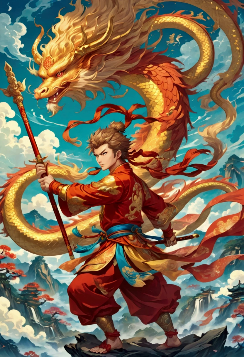 a cartoon image of a man with a sword and a dragon, sun wukong, wukong, monkey king, Akira from Chinese mythology, Journey to the West, legendary god holding spear, 由杨J, keqing do impacto genshin, g liulian art style, complete art, inspired by Hu Zaobin, Anime main art, mobile wallpaper