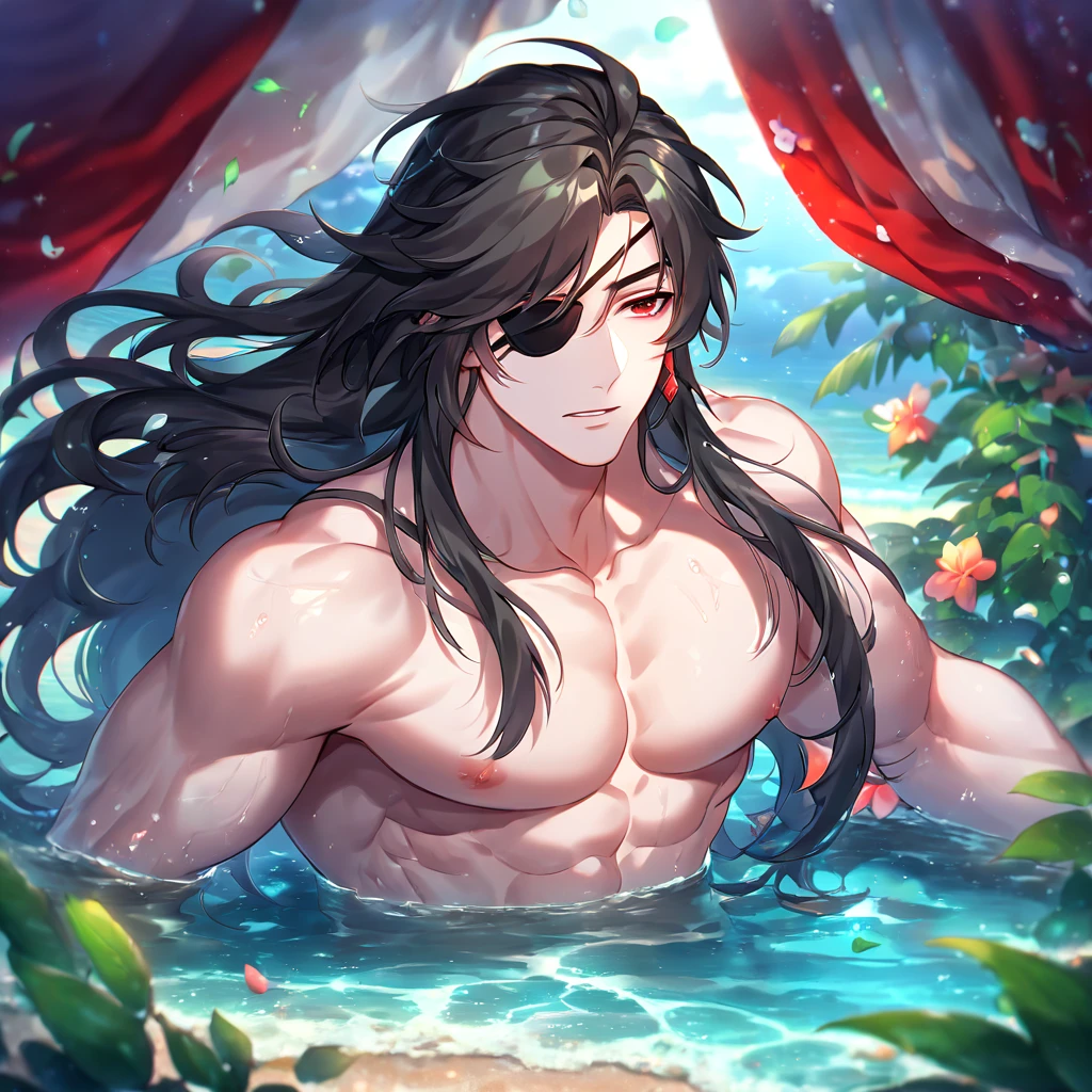 male middle point messy long hair expression tiger tooth swimming pool boy pupil 8k best quality masterpiece very detailed wallpaper tease white skin body tied up with rope wrapped waist tears full body thin waist slim wet body zha open mouth saliva roll eyes tall man liquid