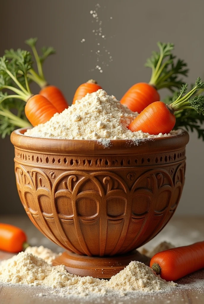 Make an image of a very tall, handcrafted wooden bowl with lots of orange flour and whole carrots embedded in it.