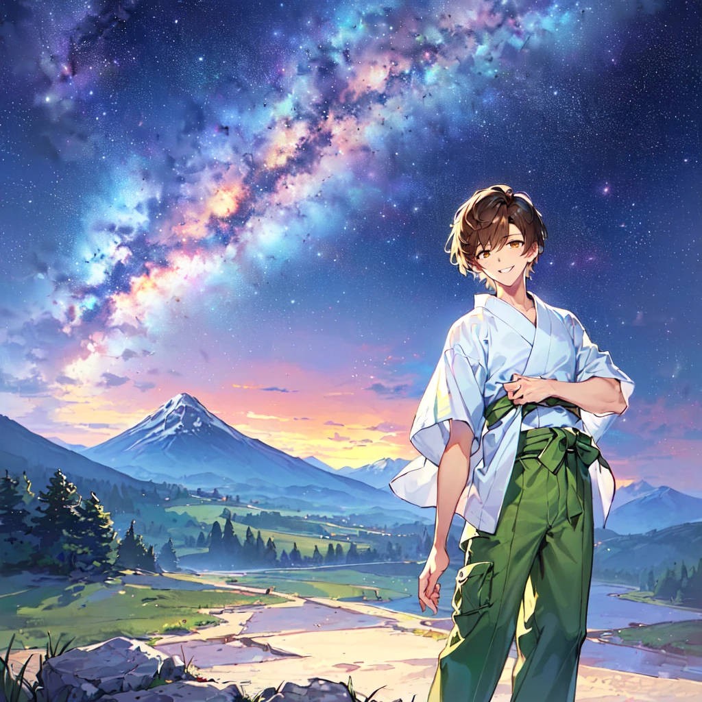 masterpiece, best quality, high quality, extremely detailed, (1male handsome age 19 solo one: 1.5), (short short hair: 1.5), (hair color brown), (eyes yellowish green: 1.3), 8 head tall, slender nose, facial muscles, Throat, (yukata short sleeves and pants: 1.3), (standing), (dynamic pose), (smiling: 1.3), (background countryside and mountains: 1.3) , (Milky Way Night Sky:1.3)