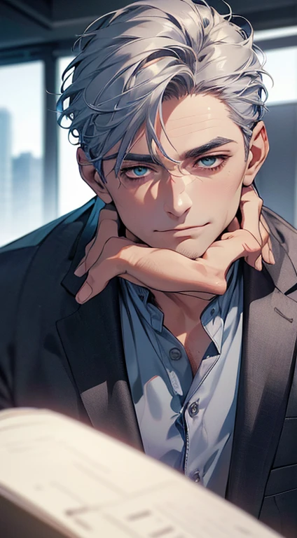 (best quality,4k,8k,highres,masterpiece:1.2),ultra-detailed,(realistic,photorealistic,photo-realistic:1.37),1 man,3,mature man,very handsome,without expression,smile,short grey blue hair,blue eyes,penetrating gaze,perfect face without errors,imposing posture,businessman,office background,cinematic lighting,hdr image
