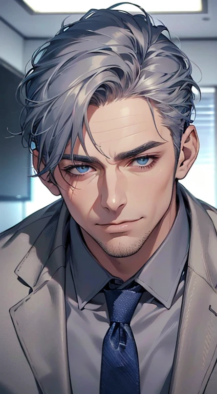 (best quality,4k,8k,highres,masterpiece:1.2),ultra-detailed,(realistic,photorealistic,photo-realistic:1.37),1 man,3,mature man,very handsome,without expression,smile,short grey blue hair,blue eyes,penetrating gaze,perfect face without errors,imposing posture,businessman,office background,cinematic lighting,hdr image