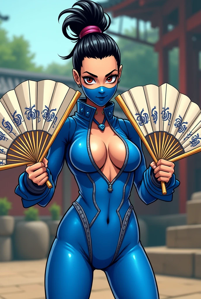 Kitana Mortal Kombat, hair in a bun, Wearing a mask, Blue bodysuit, areolas visible through clothing, open clothes, Wearing a mask, anime, cartoon style, cartoon, big fans in hands