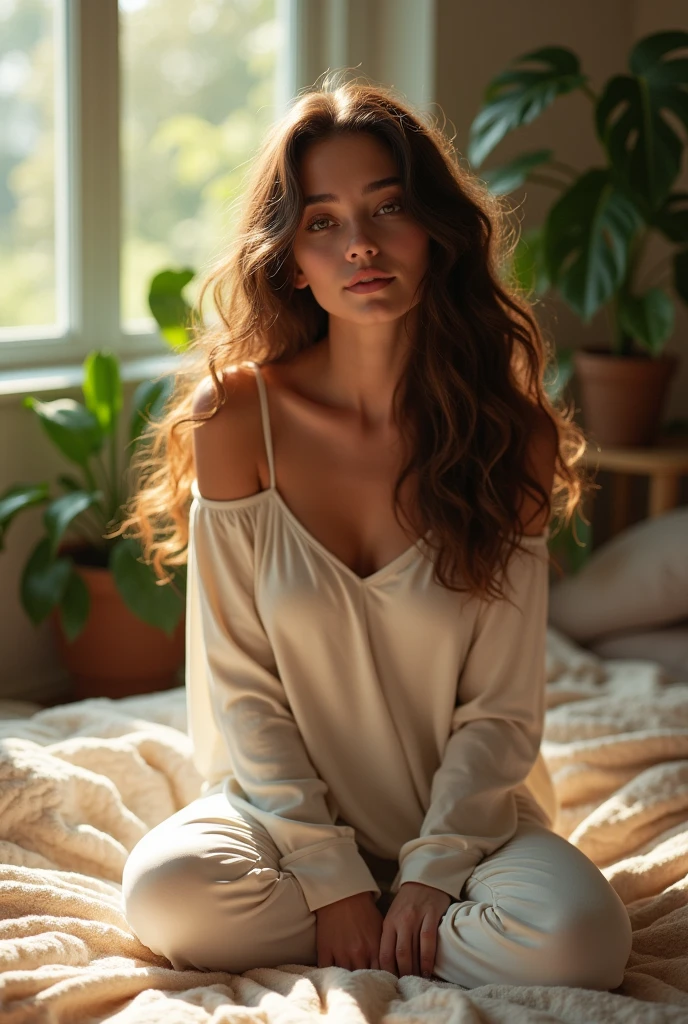 (photorealism:1.2), beautiful woman, sitting on bed, wearing loose off-shoulder top, pajama pants, long curly hair, indoors, soft lighting, plants in background, window with sunlight, cozy room, relaxed pose, realistic, intricate details, warm colors, by Greg Rutkowski, by Alphonse Mucha