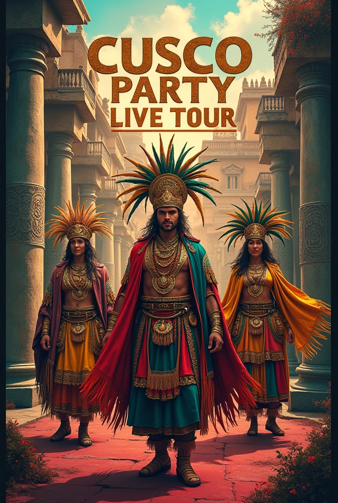 Modern advertising with the following information. This Wednesday, August 28th at 11 am enjoy the new CUSCO PARTY LIVE tour. Come and learn about Peru and the 4 Sueños with us. Get to know the Inca culture through games and dynamics. You will learn, their customs, gastronomy and a new tourist experience. With Inca clothing