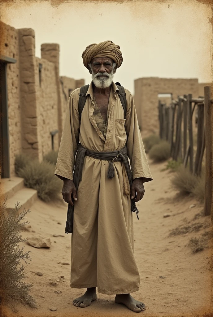 An old looking photo of an Arab man in tattered clothes, standing in front of his farm. The photo looks old, from the year 1900.