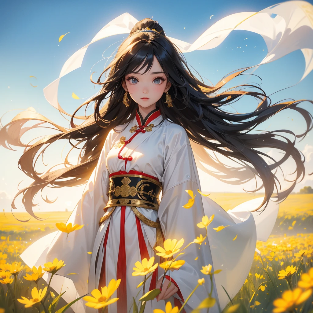 A beautiful girl with black long hair, wear white ancient chinese clothes, Standing in the midst of a field of bright yellow gold fields , There are some floating clouds,, with the sun shining on her face, close up.