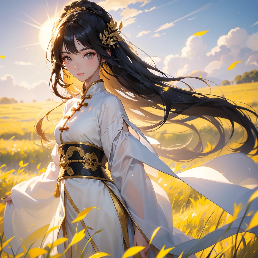A beautiful girl with black long hair, wear white ancient chinese clothes, Standing in the midst of a field of bright yellow gold fields , There are some floating clouds,, with the sun shining on her face, close up.