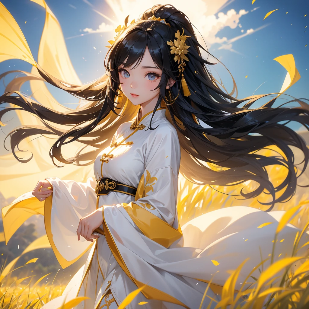 A beautiful girl with black long hair, wear white ancient chinese clothes, Standing in the midst of a field of bright yellow gold fields , There are some floating clouds,, with the sun shining on her face, close up.
