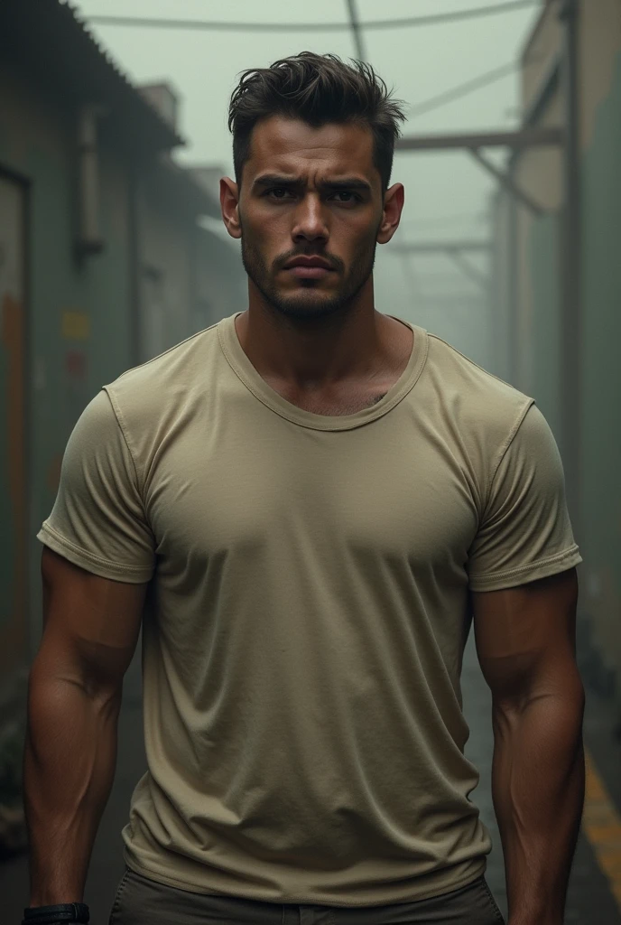 He is a young CHILEAN man with an intimidating appearance, innocence and vulnerability, which makes him a feared and mistreated character. Performs heavy work that does not require reasoning, reforzando su papel como un ser físicamente strong pero emocionalmente frágil. He is a tall YOUNG MAN, strong, with t-shirt. Without beard, no old men
