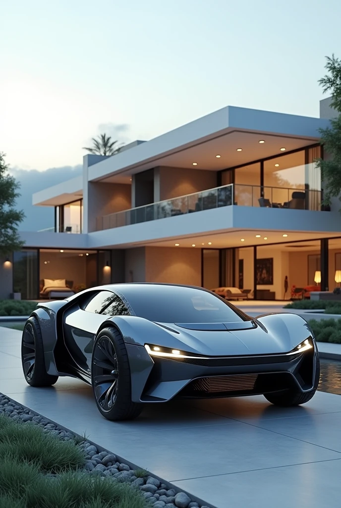 Futuristic multi terrain car in front of loft mansion