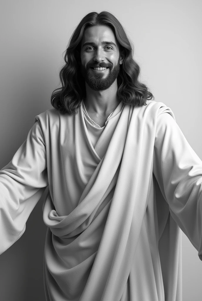 An image of Jesus, in black and white, looking and smiling at me, with open arms
