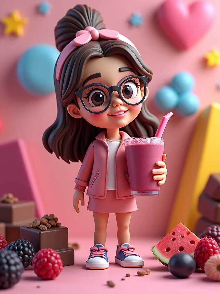 A vibrant 3D mascot of a young woman with glasses holding a purple acai smoothie in her hand. The woman is styled in a cute, modern outfit, with a playful, friendly expression. The setting includes elements of chocolate and acai berries, with colorful shapes and bold text in a social media post style.