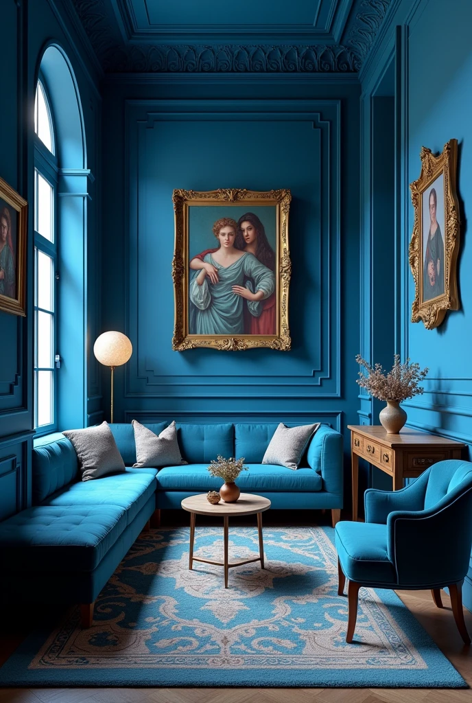 A studio apartment like a Renaissance painting, dominant blue color, separate furniture within baroque frames