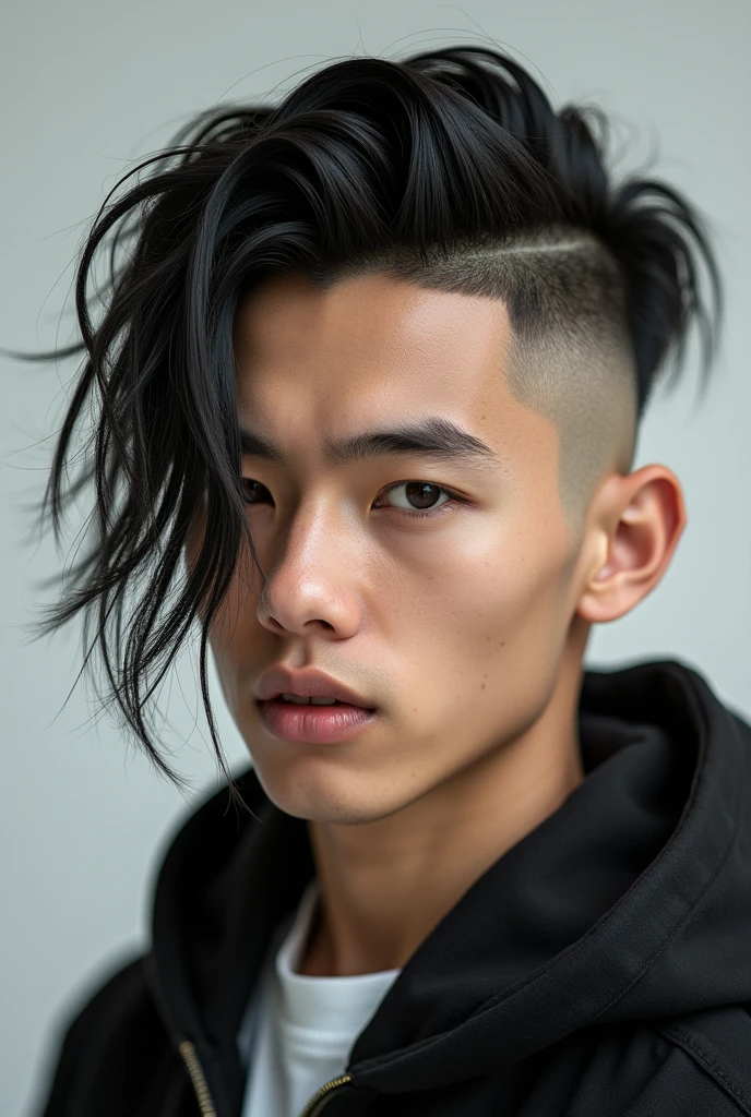 Young man with very long hair in front and shaved on the sides and back of the forehead