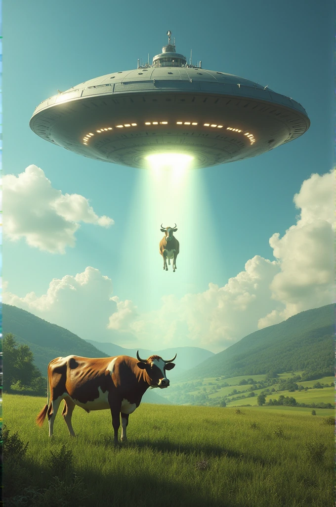 Spaceship abducting a cow in a field