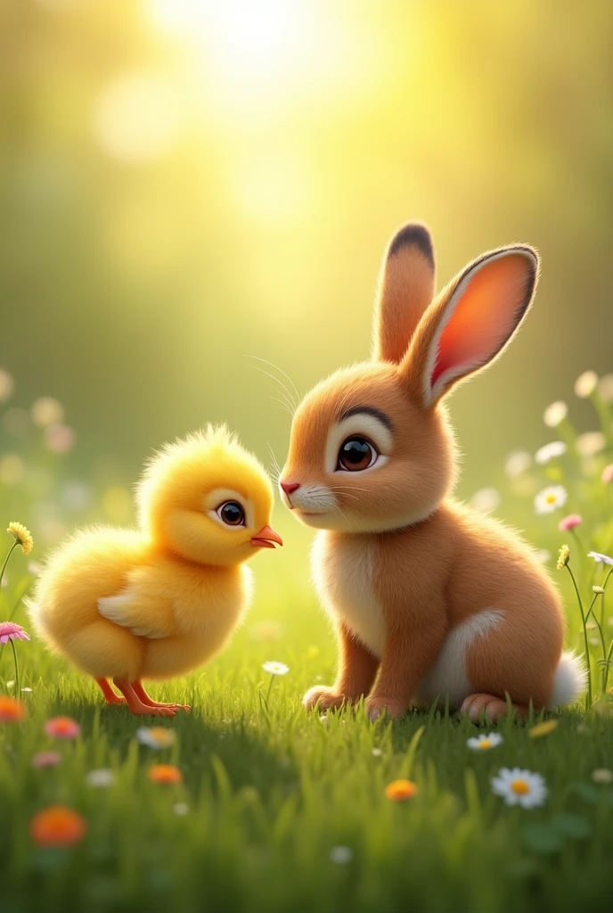 Yellow chick and a rabbit