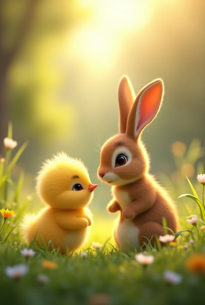 Yellow chick and a rabbit
