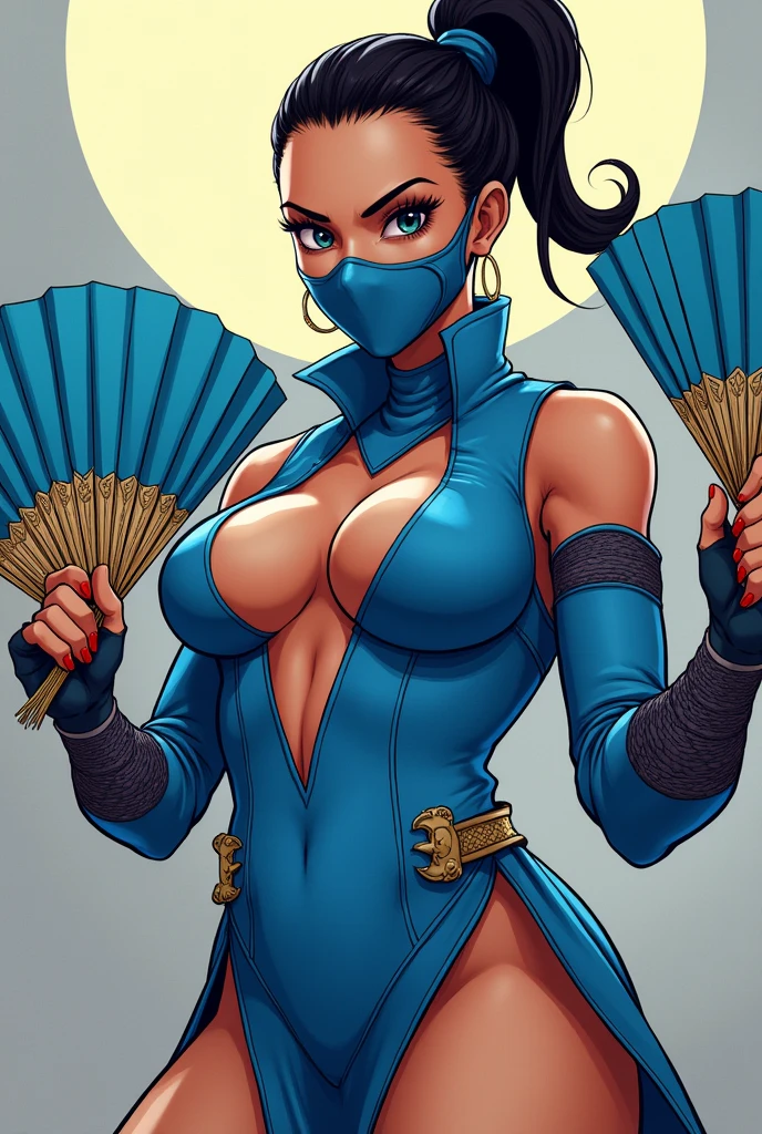 ((kitana from mortal kombat series))(she has big glowing blue eyes)(red lips) (long straight black hair)((very huge breasts)) (perfect slim body) (she wears blue outfit, blue face mask, long blue gloves long blue stockings)(hold on hand 2 metal fan) (she is inside a dark and goomy temple) (high definition, volumetric lights and dinamic shadows)((masterpiece))(8k)(perfect face)(ultra details) (perfect hands, eyes, and face)