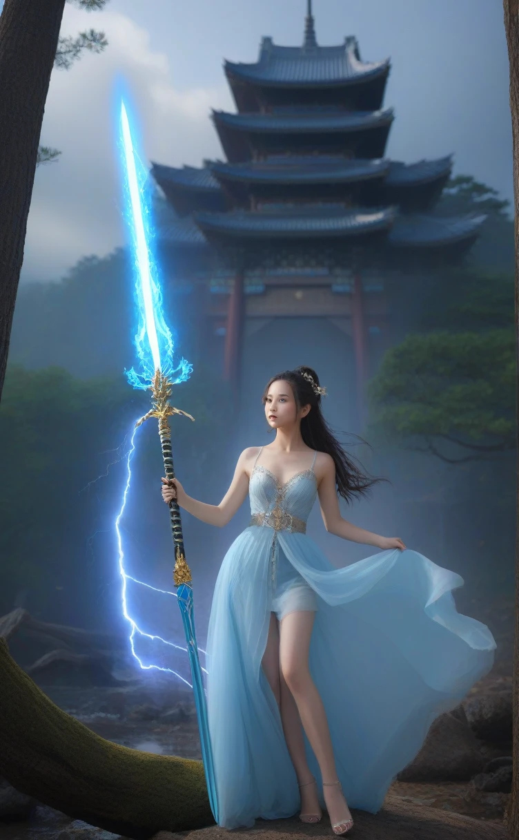 full body photo shot, ai image upscaler. beautiful girl, colorfull stylish hair, fantasy woods, fairy tale building, fairy tale light, holding blue fire long sword, hyper detailed realistic lightning, hyper detailed realistic image, maximum upscale The artist, Tong Gandeng, is credited in a calligraphy style at the top right of the image. The subject's face is incredibly detailed, with flawless skin texture, and her expression exudes a captivating charm. The overall composition embodies a cinematic quality, capturing the essence of a Korean idol's beauty., photo, portrait photography, cinematic
