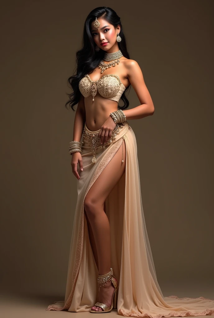 Beautifully asian princess with Indian jewelry, the stunning model stands tall high heels . Her hair styled to perfection adds a touch of sexiness to the overall look. With a dynamic pose and a knee-bending leg sitting, wearing high slit cut mini skirt she exudes a captivating and confident aura."