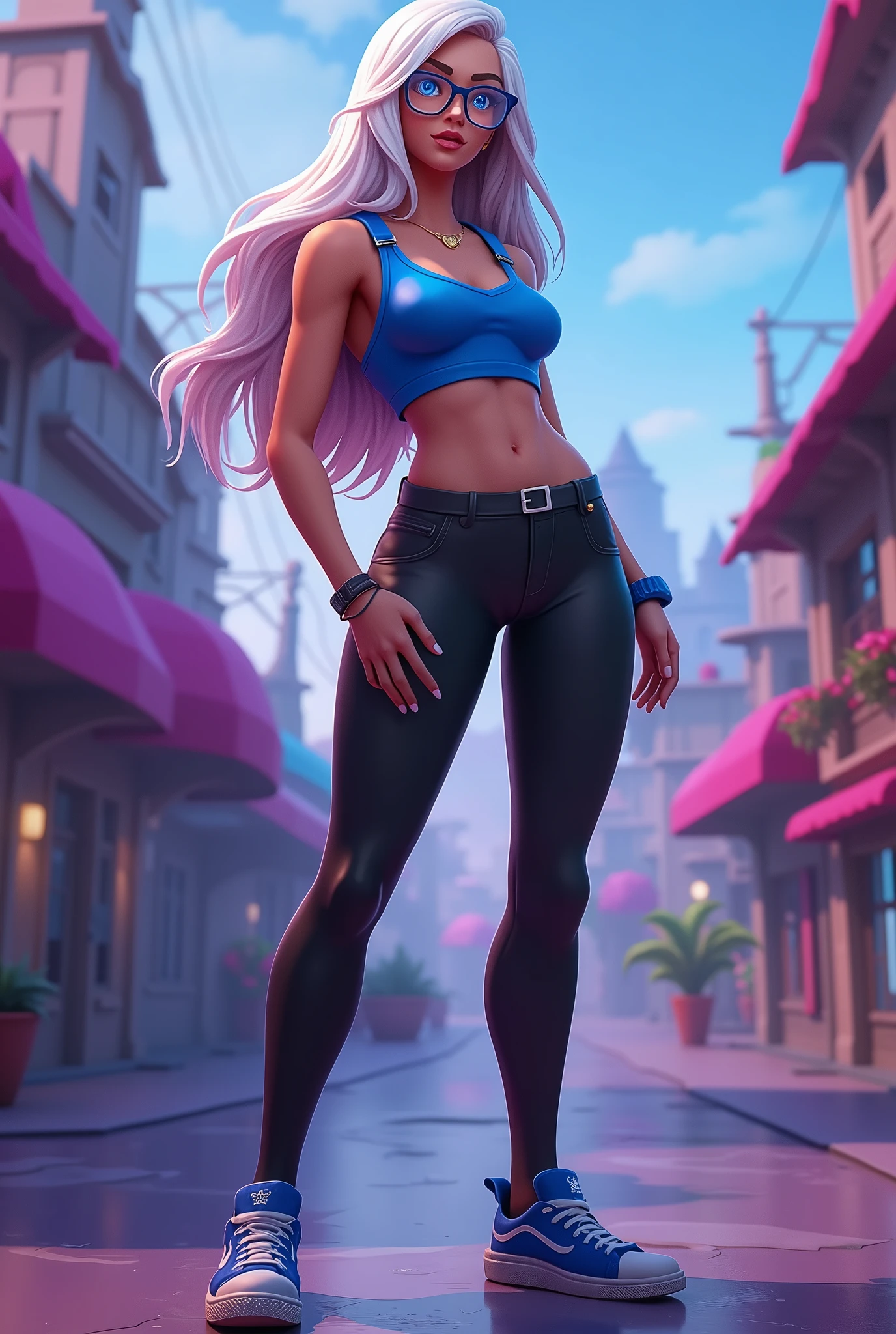 fortnite style girl, long white hair, Broad Hips, blue colored eyes, wearing glasses, Allstar Sneakers, sexy cobalt blue top solid black leggings full body