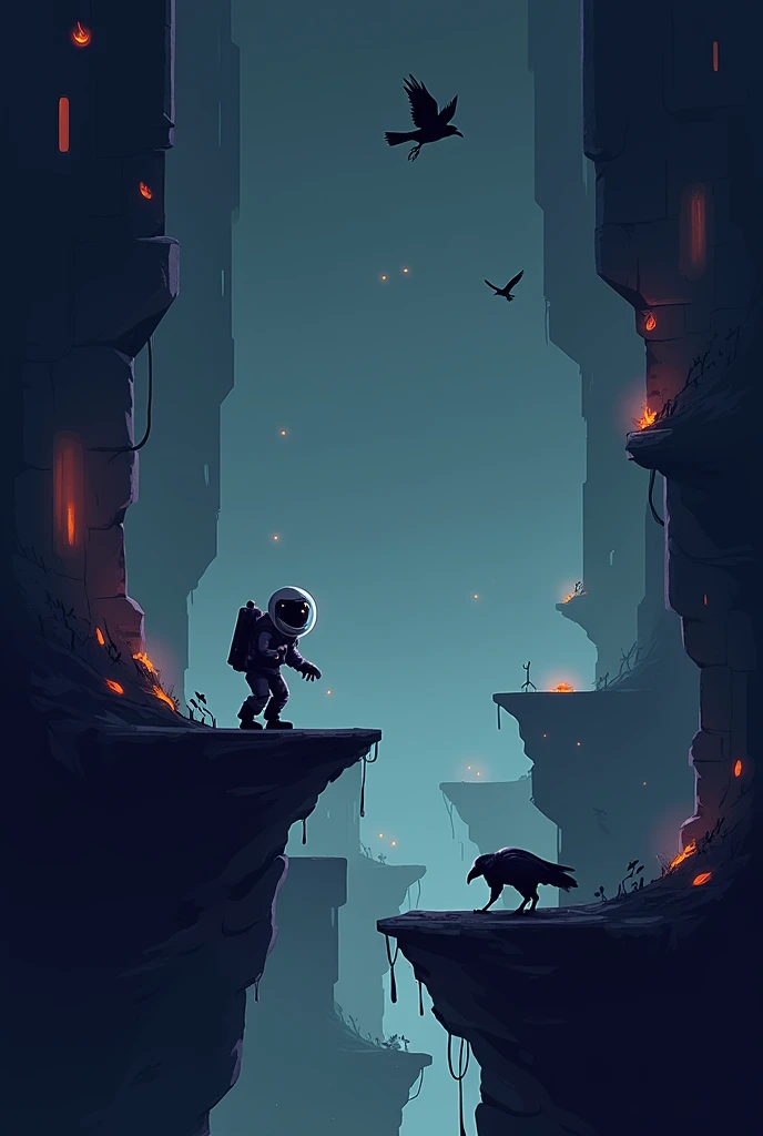 2D video game world at 8*8 pixels. Futuristic spaceship look, spawn shadow-like enemies, shadow with light and flying crows. The character will be located on the left of the screen and will look like an astronaut.
