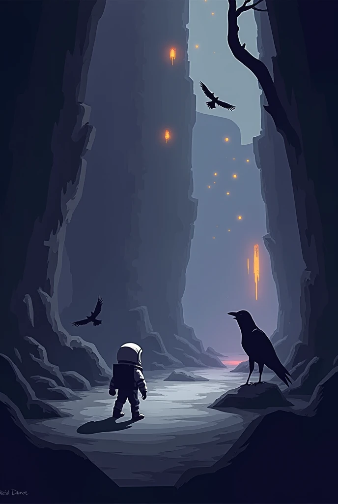 2D video game world at 8*8 pixels. Futuristic spaceship look, spawn shadow-like enemies, shadow with light and flying crows. The character will be located on the left of the screen and will look like an astronaut.