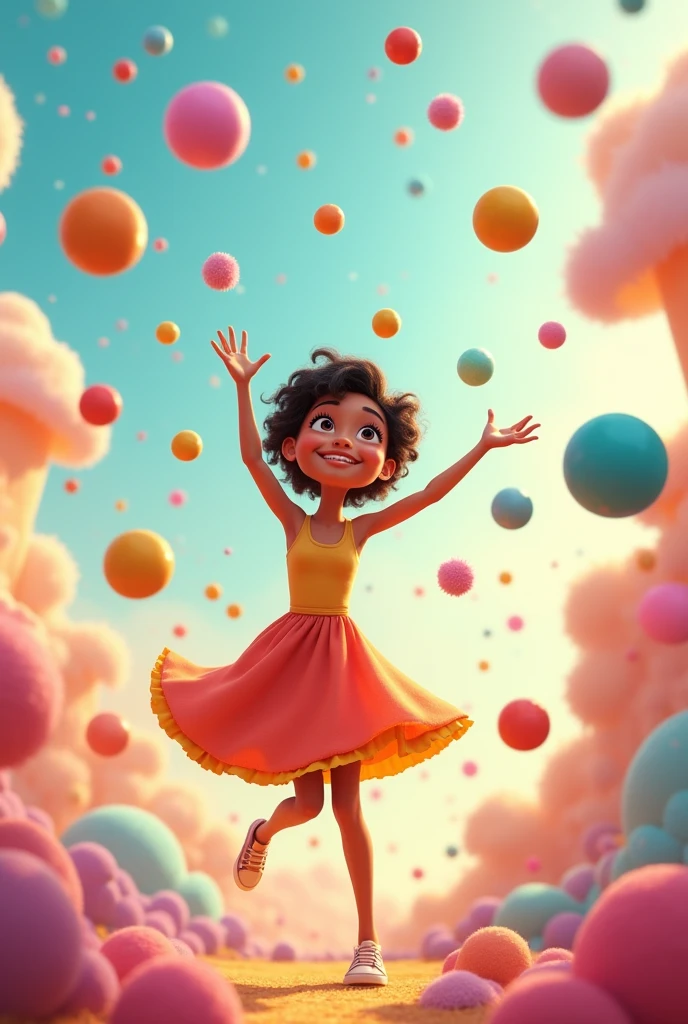 Joy character from the movie playfully juggling 
