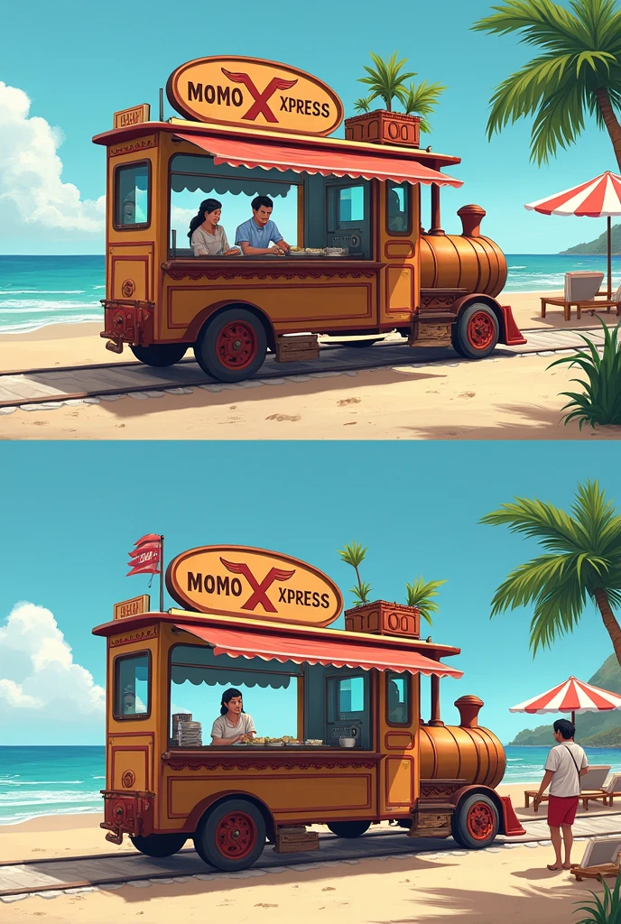 Create a train like big
food cart for momos with 2 members working inside the cart which have length of 10 feet with 3 momo steamer and have the name MOMO XPRESS located at beach make like a train