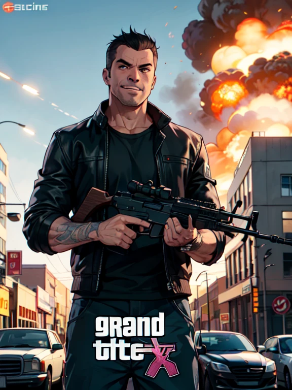 grand theft auto series,cars and humans,Man with a shotgun,muscular criminal,Americans,Evil smile,explosions,detailed gun details,masterpiece,film like,