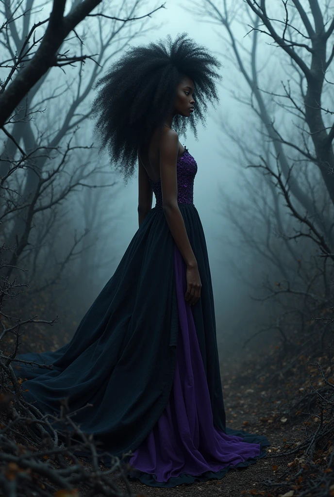 Field of thorns with a black teenage girl with curly hair wearing a long black and purple dress