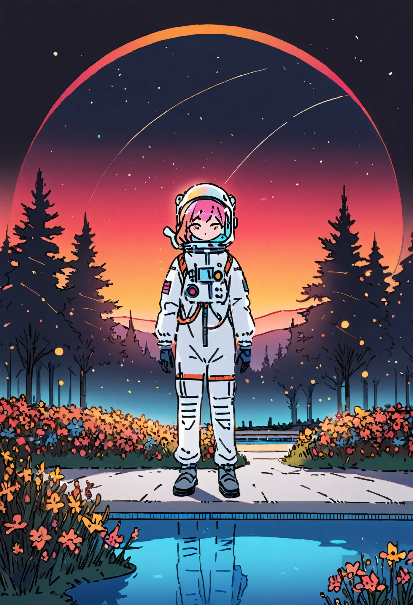 score_5_up, one girl, standing beside a pool, wearing a spacesuit, flowers everywhere, use of color theory, sunset,space in the background, long trees