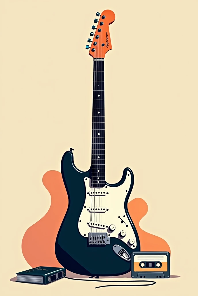 A drawing of a guitar and a minimalist cassette tape for a music album