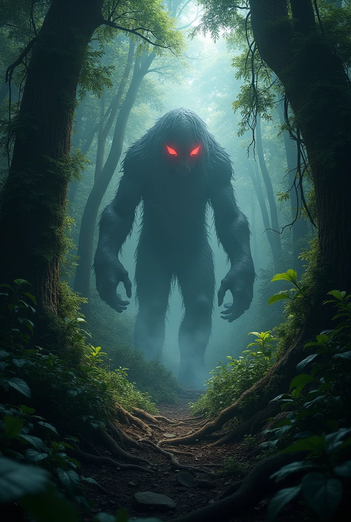 Dense forest with a monster looking far away with red eyes