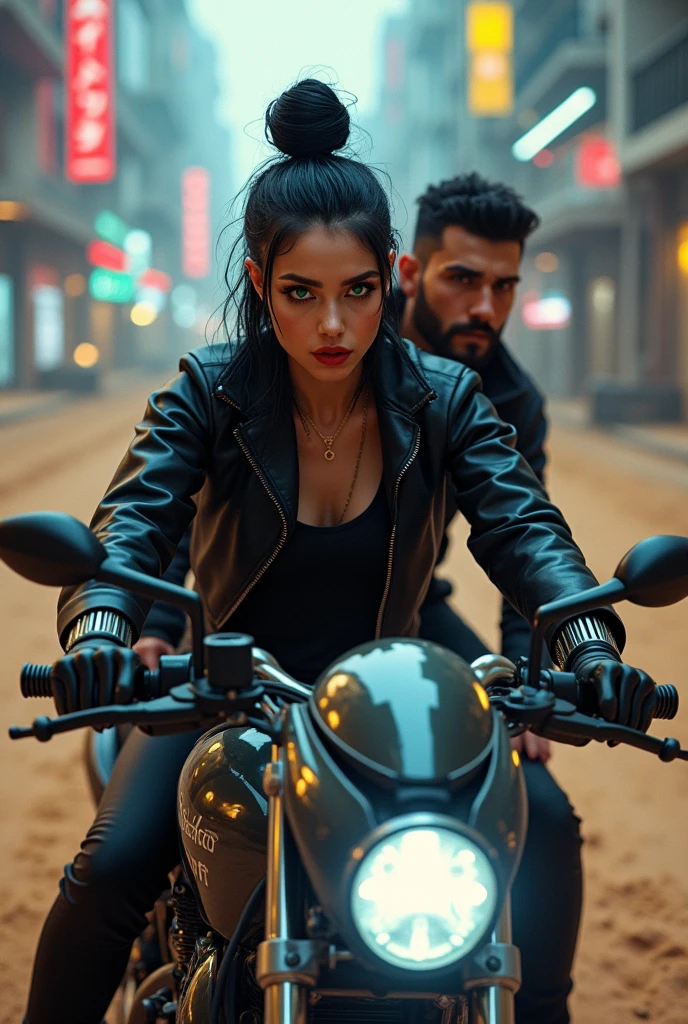 Youngh,grown-up,comely,short straight black hair, Cao Cao,offwhite,German, greeneyes,beard made, athletic body,short hair kissing face of a beautiful young adult woman,white German, greeneyes,very straight black hair,amarrado pra cima em coque Cao Cao,red lipgloss stick,illuminated nose,wearing a black jacket with half blood written on it on a cyberpunk motorcycle with half blood written on it in detail, futuristic motorcycle, walking on the road, 2 person on a motorcycle, details Intricate, high resolution, photorrealistic, hyper detailled, dynamic motion blur, sandy urban environment, neon lights, brilliant cybernetic elements, mecha inspired design, complex machinery, urban landscape , beautiful young white adult, greeneyes, red lipgloss stick, well made up, long and very straight hair,faça o cabelo dela em coque muito Cao Cao pretos, wearing gold accessories, thin gold necklace.
