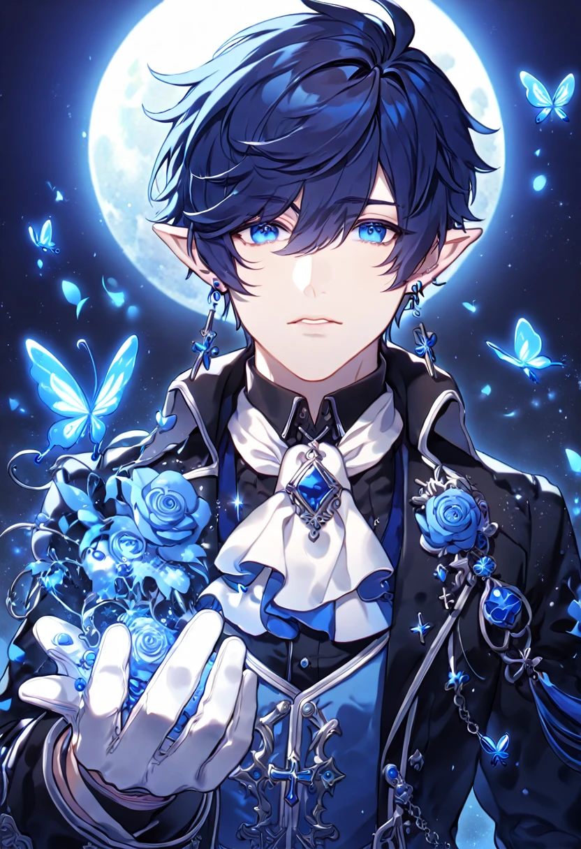 absurdres, highres, ultra detailed, HDR, master piece, best quality, extremely detailed, detailed face, Ciel, dark blue hair, expressive blue eyes, slightly pointed ears, Elsword, cross earrings, solo, sexy man, handsome, manly man, black coat, blue vest, black shirt, white gloves, white cravat, magical, fantasy, under a blue tree, blue flames, blue moon, blue fireflies, blue roses, blue butterflies, glass magic