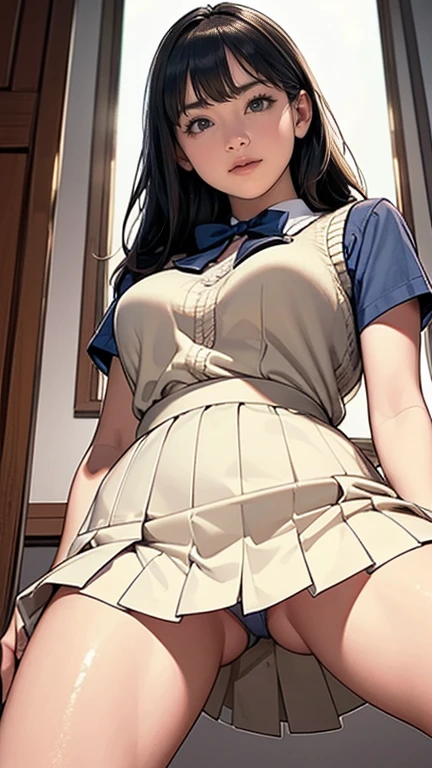 (masterpiece:1.2, highest quality), (realistic, photorealistic:1.4), beautiful illustrations, (natural side lighting, movie lighting), Depth of written boundary, looking at the viewer, (face focus, Upper body), Front view, girl1名, Japanese, high school girl, , perfect face, Cute symmetrical face, shiny skin, (bob hair:1.7,black hair), asymmetrical bangs, Big eyes, droopy eyes, long eyelashes chest), thin, beautiful hair, beautiful face, fine and beautiful eyes, beautiful clavicle, beautiful body, beautiful breasts, beautiful thighs, beautiful feet, beautiful fingers, ((fine fabric texture, Brown knitted vest, short sleeve white collar shirt, navy pleated skirt, Navy bow tie)), (beautiful scenery), evening, (Inside the flower shop), Are standing, (smile, Upper grade, open your mouth), (from below:1.5),(visibility is low:1.5)((ass focus:1.4)), sit and open your legs、best quality、masterpiece、girl、2、((Completely naked)), (from below:2), ass in finger、tear bag、Lots of eyelashes、cute、big breasts、Pink around the eyes、shiny skin、eyebrows are thin、Japanese、thinメイクアップ、beautiful eyes with long lashes、Pink around the eyes、Women's toilet、skin is white、long black hair、the presence of bangs between both eyes、brown eyes、I can see your belly button、shaved pussy