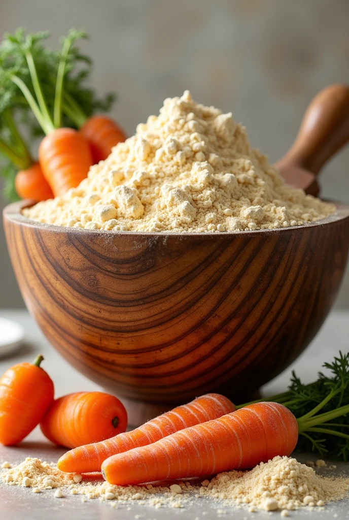 Make an image of a very tall, handcrafted wooden bowl with lots of orange flour and whole carrots embedded in it.