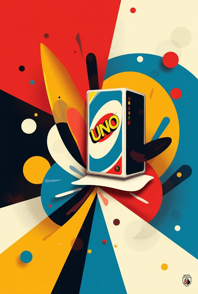completely abstract poster representing Mattel's UNO card game, with red colors, Unripe, yellow, cerulean, white and black