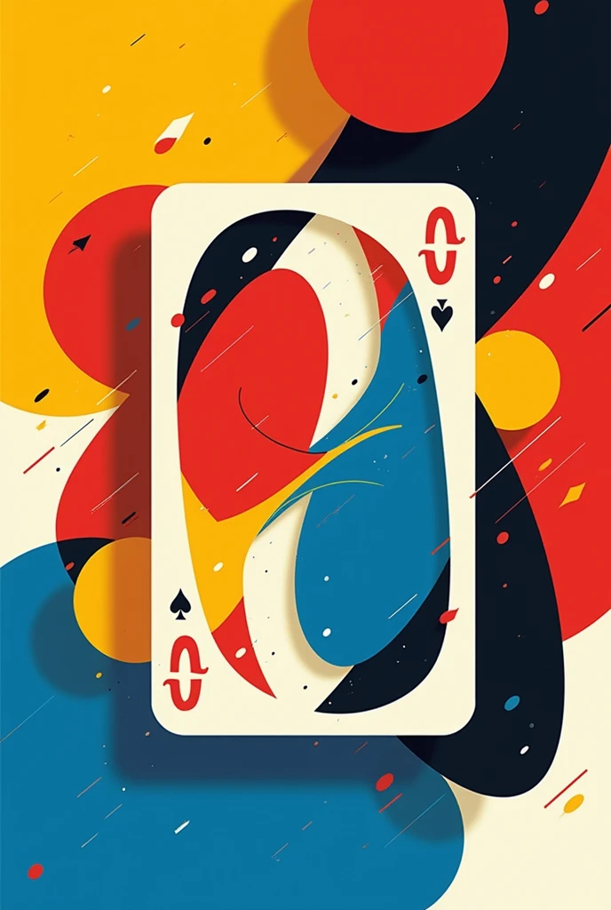completely abstract poster representing Mattel's UNO card game, with red colors, Unripe, yellow, cerulean, white and black