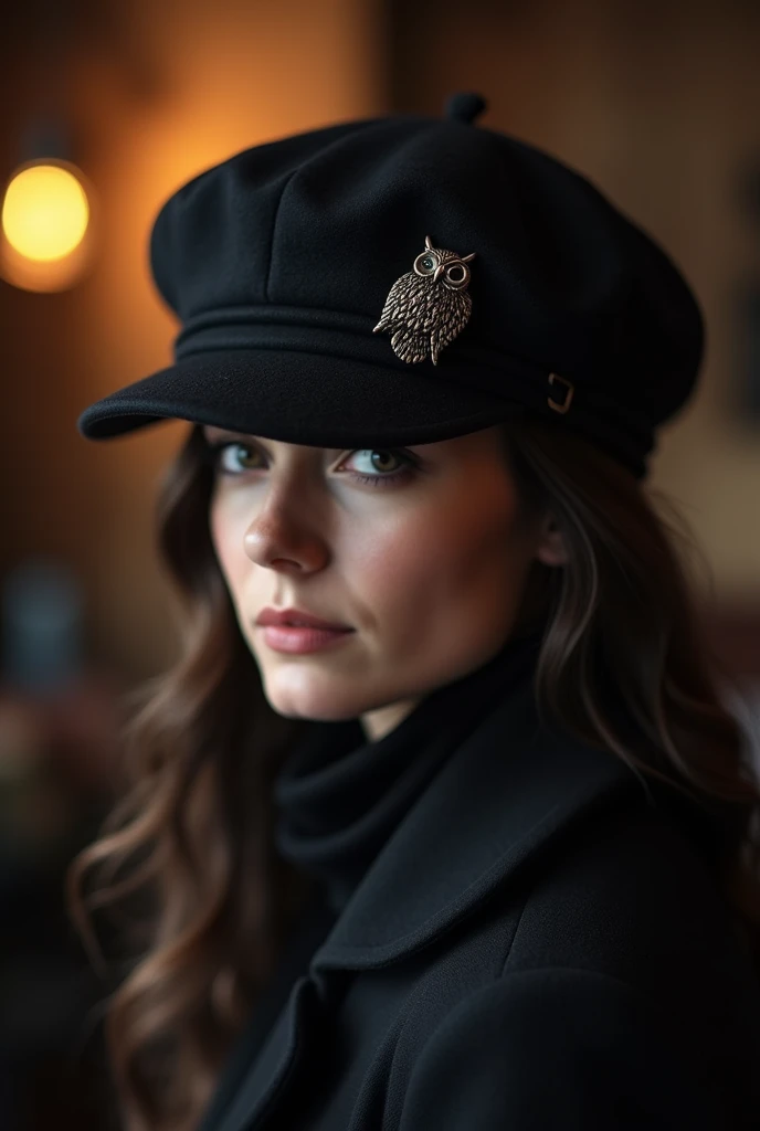 Black French beret with small owl symbol