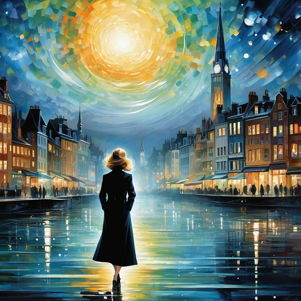 ethereal fantasy concept art of a (Illustration by Herge of a city at night where a Brighton Sharbino wears a black coat, city skyline, beautiful shading, black makeup, shiny glossy, dark night, (by Herge1.2):1.2) touching water surface, chaotic resonance, microdisplacement, watercore, bioluminescence, aetheric realm, chiaroscuro, symbolism, intricate details, style of (Leonid Afremov:1.1) and Anna Dittmann, . magnificent, celestial, ethereal, painterly, epic, majestic, magical, fantasy art, cover art, dreamy