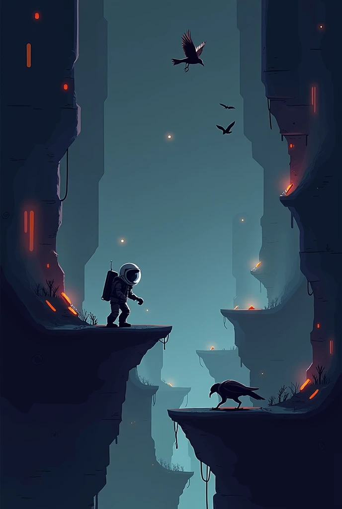 2D video game world at 8*8 pixels. Futuristic spaceship look, spawn shadow-like enemies, shadow with light and flying crows. The character will be located on the left of the screen and will look like an astronaut.